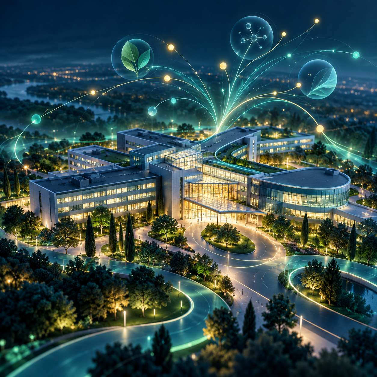 Illustration conceptuelle d'un campus hospitalier et de parcours lumineux évoquant l'évolution de son activité.